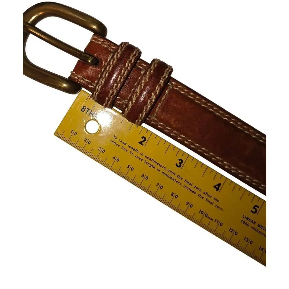 Vintage genuine leather stitched belt Size 32 brass hardware Taiwan cowboy rodeo